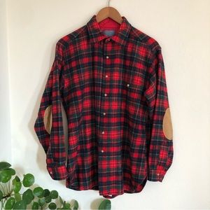 Vintage Pendleton flannel men’s L red plaid wool shirt with suede elbows retro